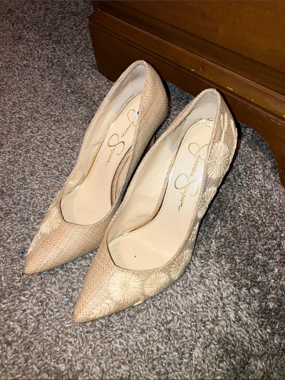 Jessica Simpson Neutral Textile Floral Embroidered Pointed-Toe Pumps 8